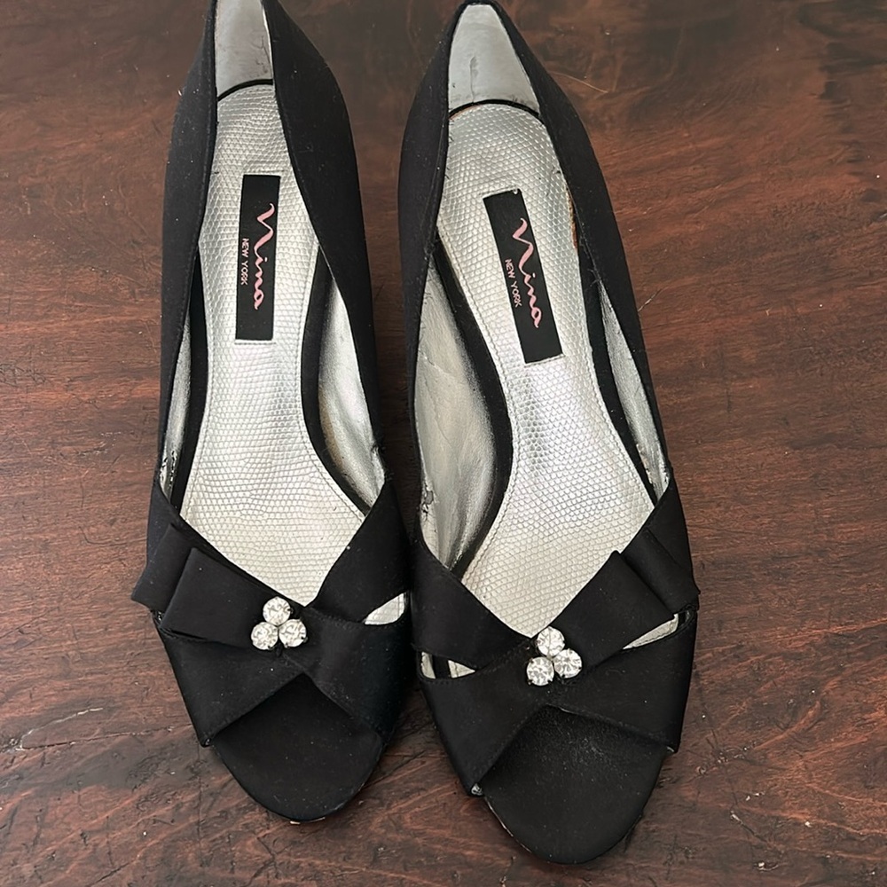 Nina Black Peep Toe Heels with Bow Accent